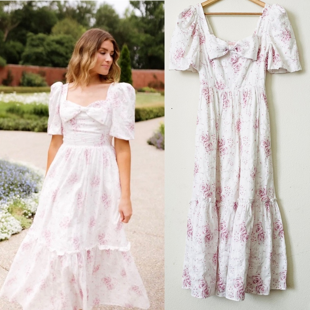 NWT Floraison Lane SIZE 8 The Kylie white floral rose bow midi dress